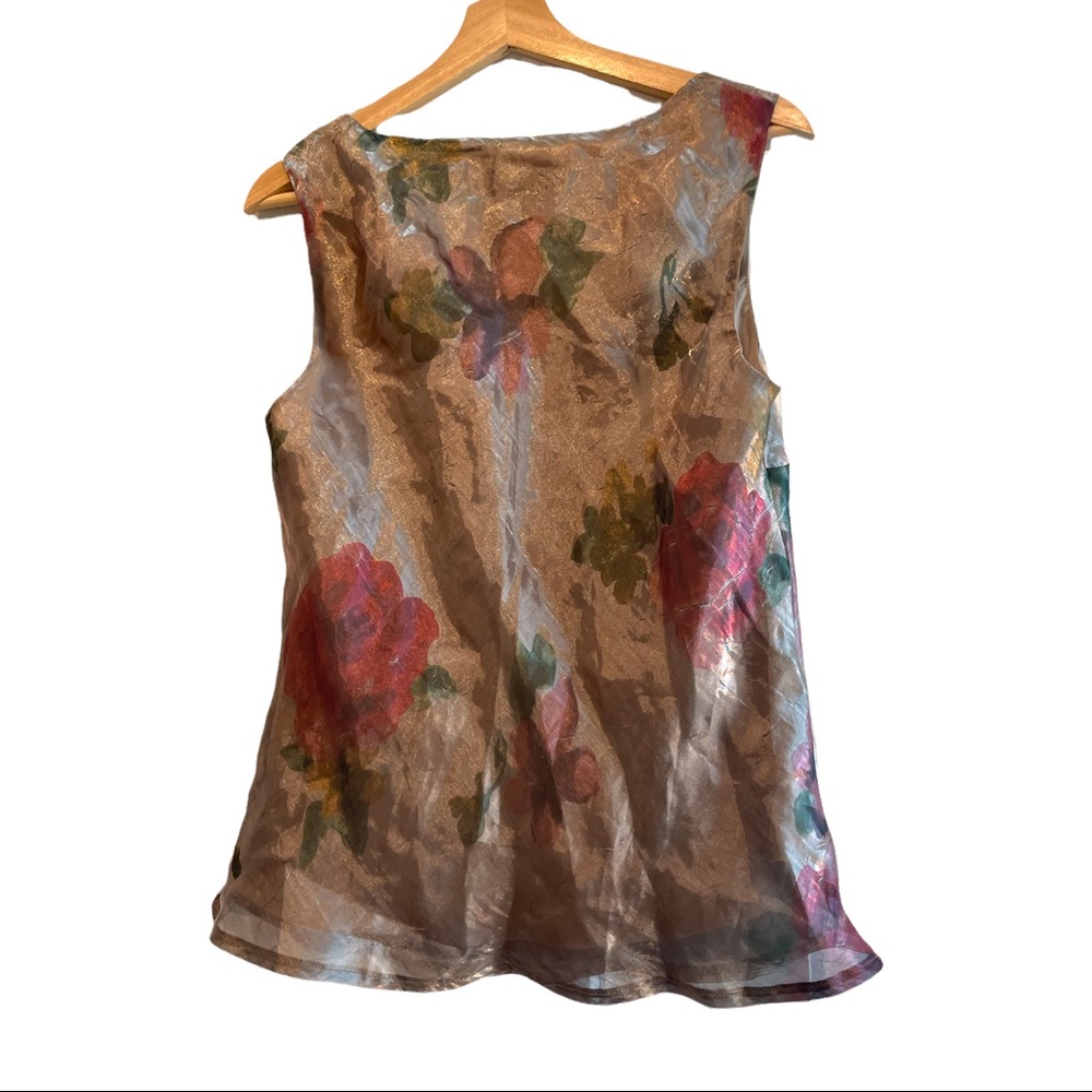 Vintage 90s Y2K Bronze Shimmer Rose Print Sleeveless Top V neck blouse Medium - Picture 6 of 12